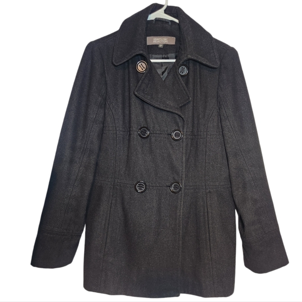 Kenneth Cole Reaction Womens Double Breasted Wool Blend Black Pea Coat Size 12P
